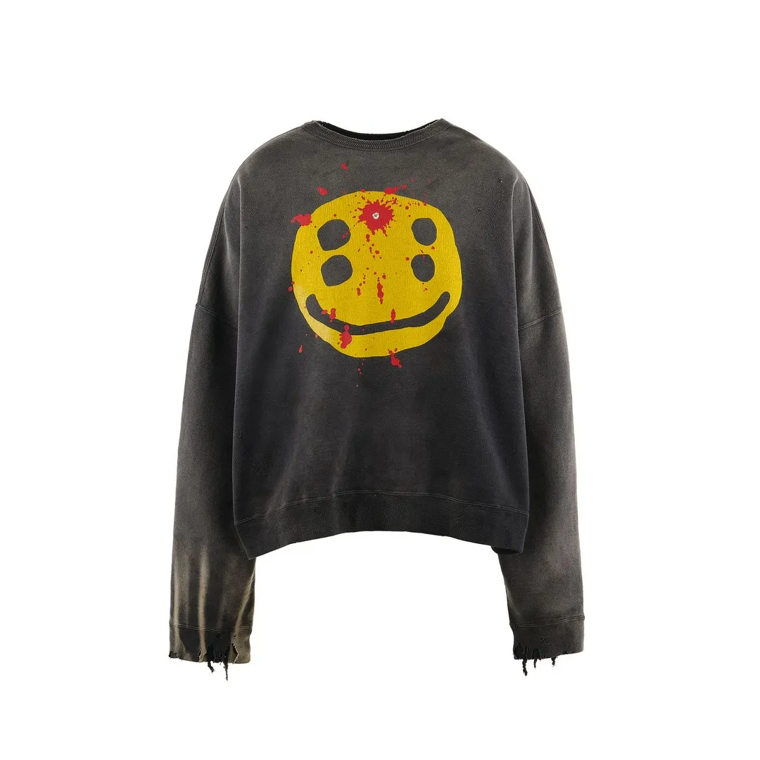 SAINT Mxxxxxx x CACTUS PLANT FLEA MARKET SMILE SWEATER SHIRT CPFM co-branded sweatshirt with smiley face, washed black S-XL, ready-to-wear Assute dyeing, heavy fermentation washing, multi-position spray fading, ultra-complex manual polishing/destruction treatment/special shearing treatment, special striped cuffs/multi-position shearing/pure handmade graffiti and dirty The only correct co-branded main wheat label/wash water label/little angel anti-counterfeiting label in the entire network
